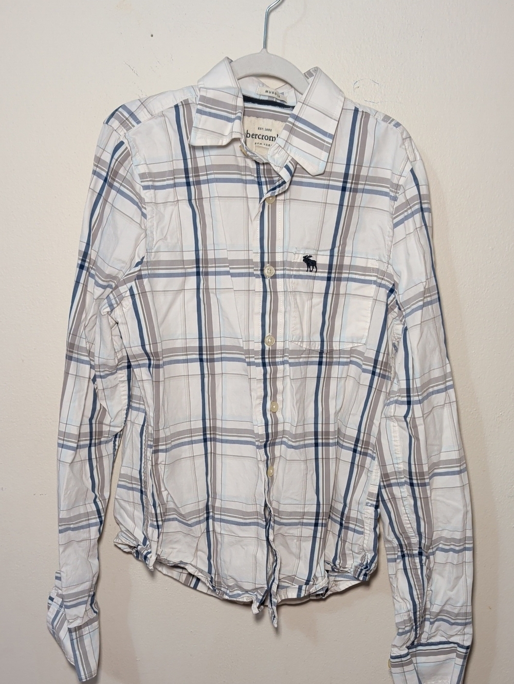 Abercrombie Kids Plaid Muscle Fit Button-Down Shirt White Blue Gray Boys Size XL